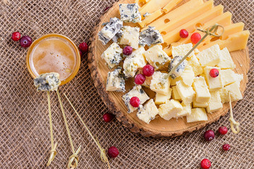 Cheese with mold and honey close-up. Pieces cheese on natural background. Honey and cheese pieces. Sliced natural cheeses, top view. Different sorts cheese on wooden board.