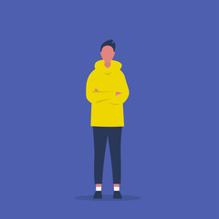 Young character standing with arms crossed. Body language. Passive aggressive behaviour. Dissatisfied. Emotions and gestures. Flat editable vector illustration, clip art