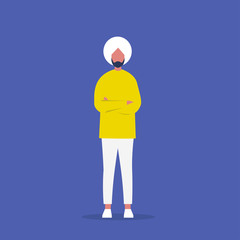 Young indian character standing with arms crossed. Body language. Passive aggressive behaviour. Dissatisfied. Emotions and gestures. Flat editable vector illustration, clip art