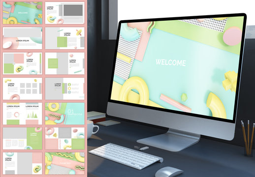Screen Presentation Layout with Retro Pastel 3D Geometric Elements