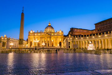 Architecture of the St. Peter's Square and Basilica illuminated at dusk, Vatican City