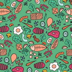 Vector seamless pattern. Hand drawn food for decor menu design. Kitchen surface design.