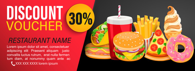 Discount gift voucher with 30 percent price off for restaurans. Fast food coupon or certificate with pizza, hot dog, fries, coffee, burger, donut and ice cream and space for text.Flyer template.Vector