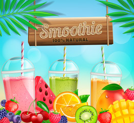 Fresh Fruit and berry smoothies banner with kiwi, mango, orange, watermelon and berries, Plastic cup with striped pipe. Mug of fruity organic shake. Mixed cocktail. Natural Vegetarian Healthy food.