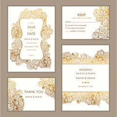 Fototapeta premium Wedding Invitation, with rsvp, save the date and thank you card. Hand drawn floral doodle background. Flowers Pattern. Retro ornament. Summer ornament. Vector illustration.