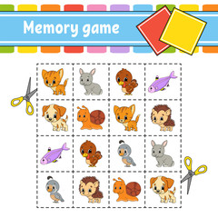 Memory game for kids. Education developing worksheet. Activity page with pictures. Puzzle game for children. Logical thinking training. Isolated vector illustration. Funny character. Cartoon style.