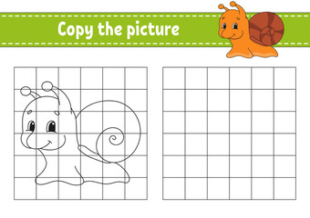 Copy the picture. Coloring book pages for kids. Education developing worksheet. Game for children. Handwriting practice. Funny character. Cute cartoon vector illustration.