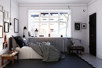 scandinavian style bedroom interior.
