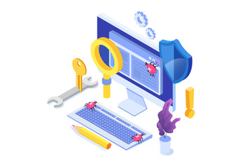 Software or application testing  isometric vector concept.  Debugging development process. Vector illustration.