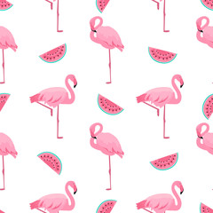 Flamingo and watermelon. Summer tropical seamless pattern. Used for design surfaces, fabrics, textiles, packaging paper, wallpaper