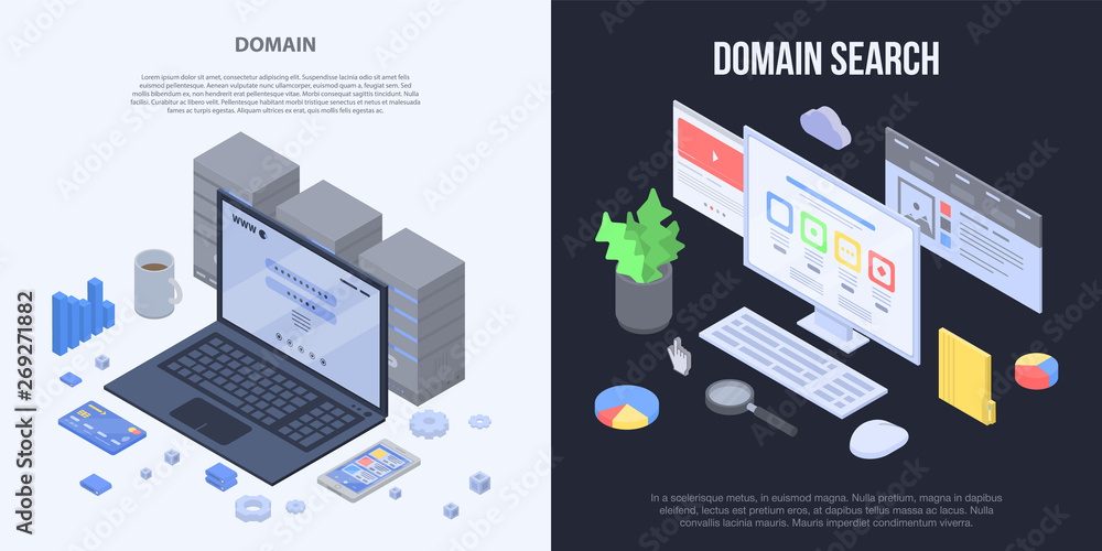 Poster domain banner set. isometric set of domain vector banner for web design