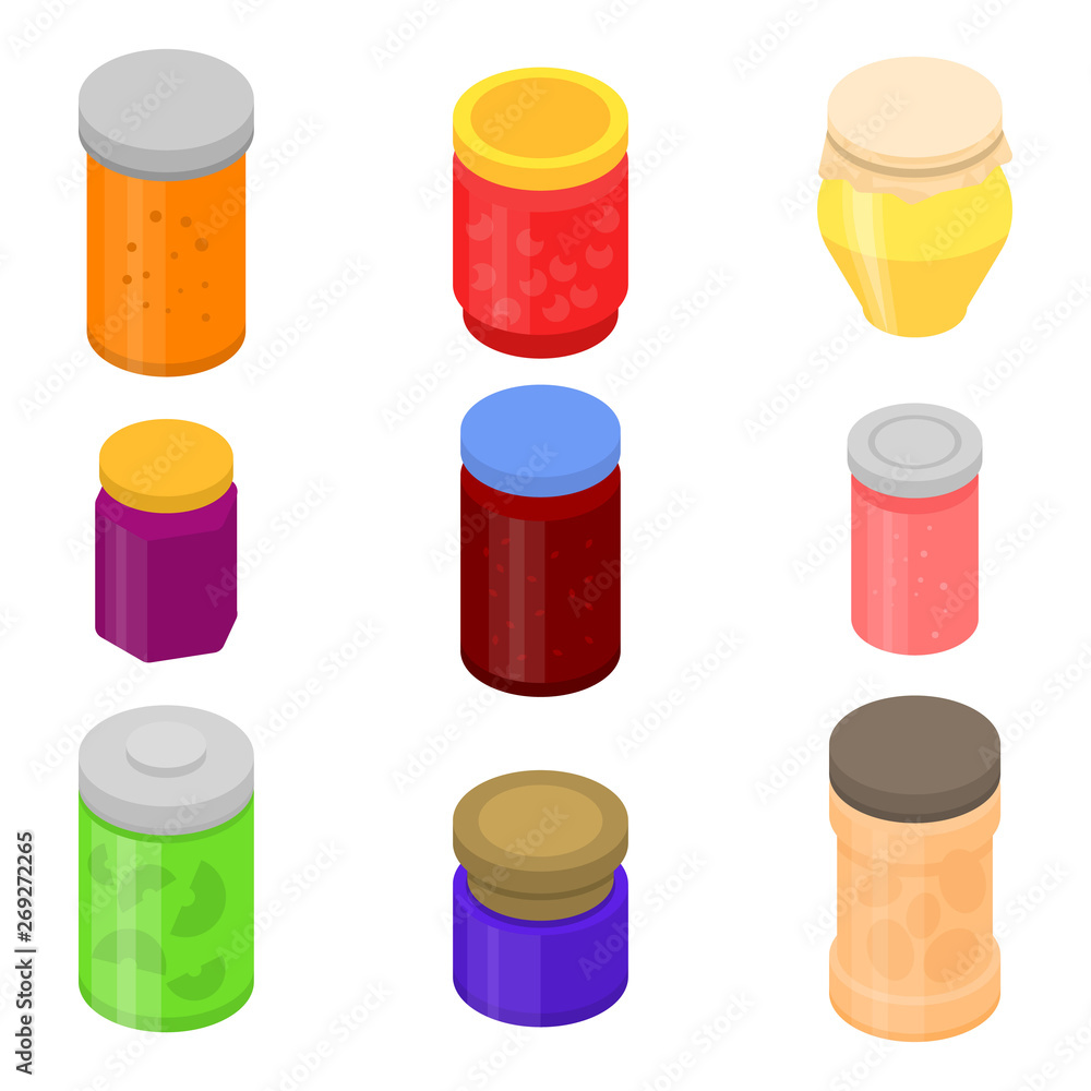 Poster jam jar icons set. isometric set of jam jar vector icons for web design isolated on white background