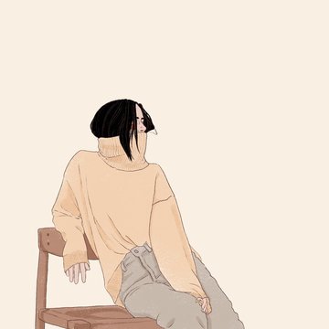 Frau im Pullover sitzt auf Holzstuhl