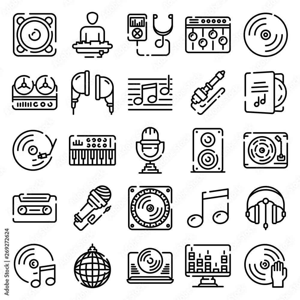 Poster dj icons set. outline set of dj vector icons for web design isolated on white background