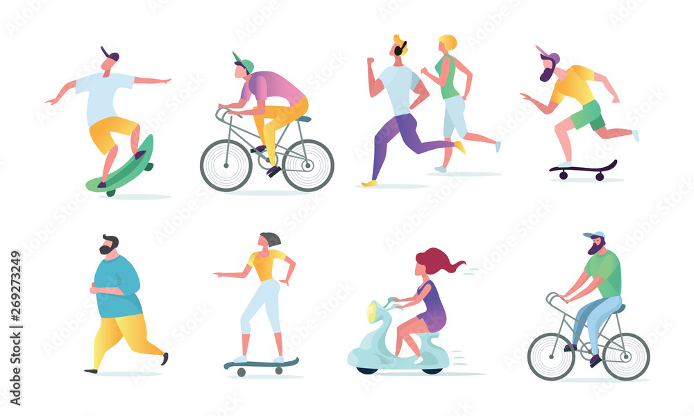 Wall mural man and woman characters running, riding bicycle, skateboarding, roller skates, fitness. active peop