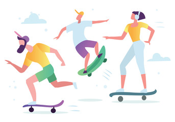 Man and woman characters skateboarding, roller skates, fitness. Active people in the park. Summer outdoor.  Flat vector concept illustration