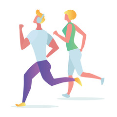 Fototapeta na wymiar Man and woman characters running, riding bicycle, skateboarding, roller skates, fitness. Active people in the park. Summer outdoor. Flat vector concept illustration