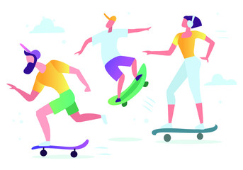 Man and woman characters skateboarding, roller skates, fitness. Active people in the park. Summer outdoor.  Flat vector concept illustration