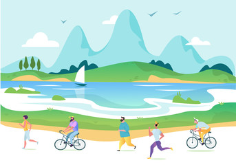 Vectorurban landscape in a minimalist style. Man and woman characters running, riding bicycle, skateboarding, roller skates, fitness. The city. Vector illustration