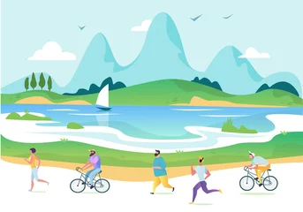 Zelfklevend Fotobehang Vectorurban landschap in een minimalistische stijl. Man en vrouw tekens rennen, fietsen, skateboarden, rolschaatsen, fitness. De stad. vector illustratie © Nataliya