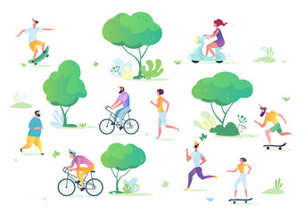Man and woman characters running, riding bicycle, skateboarding, roller skates, fitness. Active people in the park. Summer outdoor.  Flat vector concept illustration