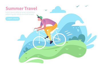 Healthy lifestyle concept for mobile website, web page. Bicycle riding man. Park with trees and plantrs on background. Flat, cartoon, trendy, vector illustration. Concept of landing page