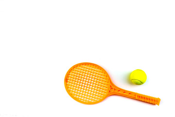 Tennis rackets and ball , isolated on white. Top view with copy space.