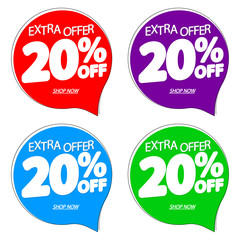 Set Sale speech bubble banners, discount 20% off, extra offer, promotion tags design template, app icons, vector illustration