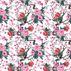 Sakura and peony flowers. Watercolor in chinese style. Seamless pattern