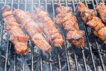  A popular food for people who like to eat. Meat on skewers is roasted on a fire