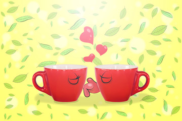 red mug, girl and boy kiss.