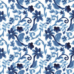 Watercolor blue vintage background with blooming flowers. Chinese pattern. Chinoiserie. Seamless pattern - 269275601