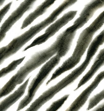 Seamless zebra watercolor pattern. Animal print. Black and white stripes.