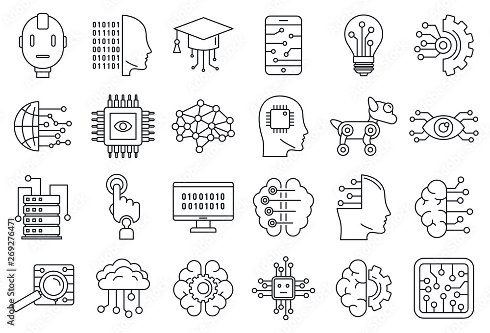 Poster artificial intelligence system icons set. outline set of artificial intelligence system vector icons