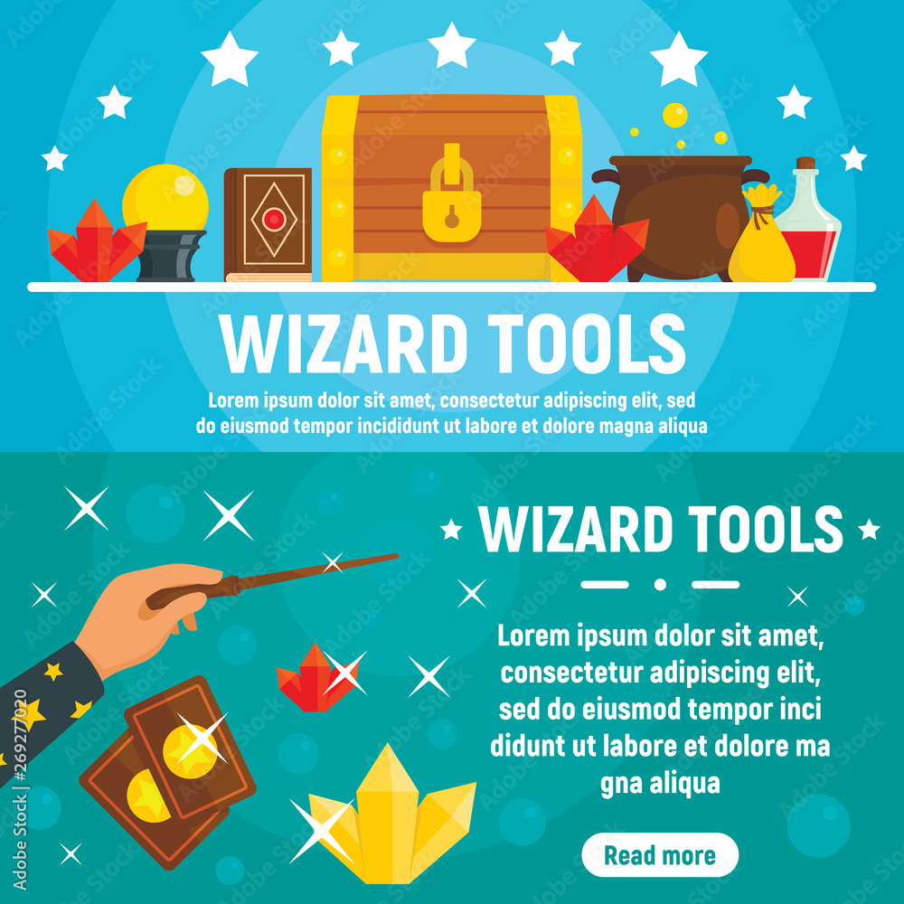 Poster wizard tools banner set. flat illustration of wizard tools vector banner set for web design