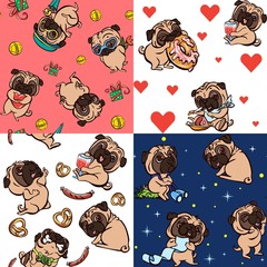 Pug dog pattern set. Cartoon illustration of pug dog vector pattern set for web design