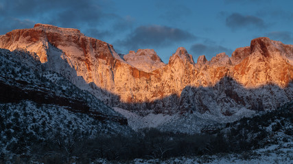 Sunrise on the mountains at Zion National Park.
