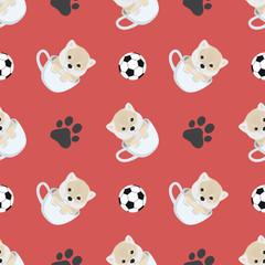 Baby schattig shiba puppy in een kopje thee met voetafdruk symbool en voetbal naadloze patroon achtergrond