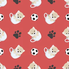 Fotobehang Honden Baby schattig shiba puppy in een kopje thee met voetafdruk symbool en voetbal naadloze patroon achtergrond