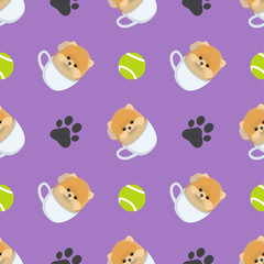 Baby cute pomeranian puppy in a tea cup with footprint symbol and football seamless pattern background