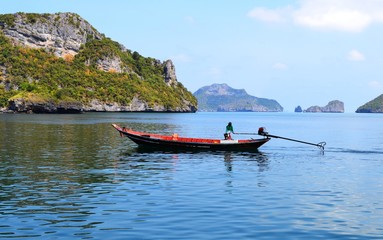Sea boat on the background of a cliff with trees in the Ang Thong National Park in Thailand.