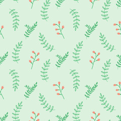 Seamless pattern with plants on a light background. Organic ornament. Suitable for printing on fabric, gift wrapping, wall decoration. Hand-drawn illustration.