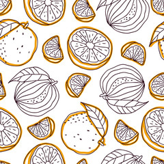 Cute seamless pattern with oranges on a white background. Sketch with oranges, summer vector illustration, template. Hand-drawn illustration.