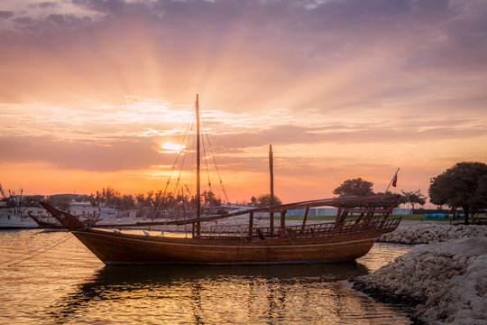 Boat at sunset in Doha, Qatar