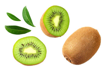 kiwi fruit with slices and green leaves isolated on a white background