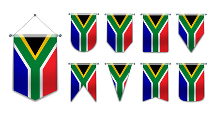 Set of hanging flags of the South Africa with textile texture. Diversity shapes of the national flag country. Vertical Template Pennant for background, travel banner, logo,award, achievement, festival