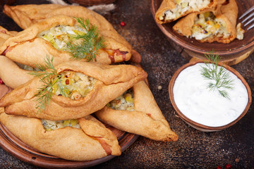 Pies with chicken meat and potatoes. Delicious small savory pirozhki served with sour cream sauce.
