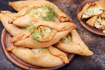 Pies with chicken meat and potatoes. Delicious small savory pirozhki 