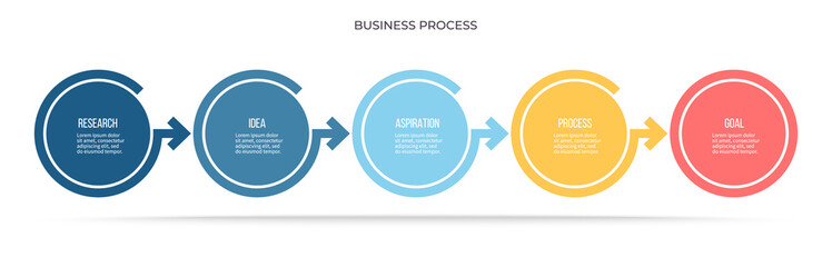 Business infographics. Timeline with 5 steps, options, circles. Vector template.