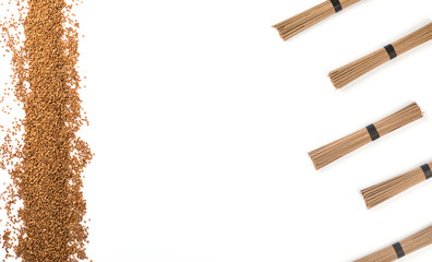 Noodles soba isolated on white background.Traditional Japanese food. Copy space for Text.Minimalist concept.Top View. Flat Lay.